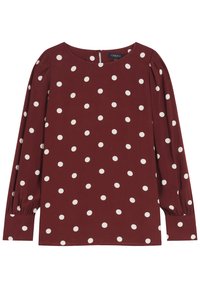 Bordeauxblouse met witte stippen, lange pofmouwen, ronde halslijn en een rits aan de achterkant. Glad stof met een ontspannen pasvorm.