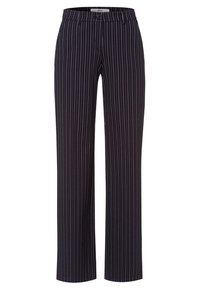 Pantalon large en bleu marine foncé avec des rayures verticales blanches, doté d'une fermeture à bouton et de passants de ceinture. Tissu lisse, design ajusté.