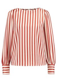 Rød og hvid stribet bluse, lange ærmer med ruchede manchetter, glat stof, rund halsudskæring, med lodrette striber hele vejen igennem.