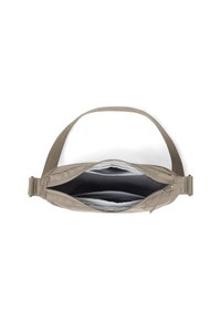 Beige fabric crossbody bag with zipper closure, adjustable strap, and interior compartments in contrasting light gray and dark gray.