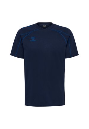 Marinblå t-shirt med korta ärmar och v-ringning, med blåa stygn och en logga på bröstet. Tillverkad av lätt tyg.