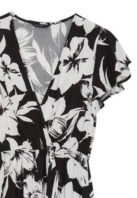Robe à imprimé floral noir et blanc avec un décolleté en V profond, une taille froncée et de courtes manches volantées. Tissu léger avec une texture douce.