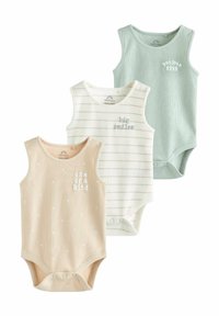 Drei Baumwollbabybodysuits: einer pfirsichfarben mit weißen Herzen, einer cremefarben gestreift mit Text, einer mintgrün. Alle haben ärmelloses Design und Druckknopfverschlüsse.