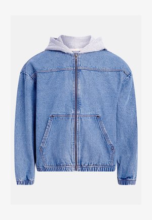 Džínová bunda s svetlomodrým vypraním, s šedou kapucňou, predným zipsom, dvoma prednými vreckami a elastickým lemom a manžetami.
