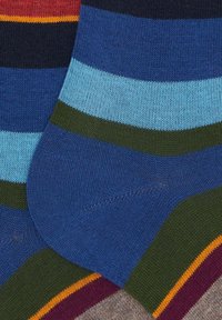 Colorful striped socks with blue, green, light blue, maroon, orange, and black horizontal bands, showing heel and ankle areas.