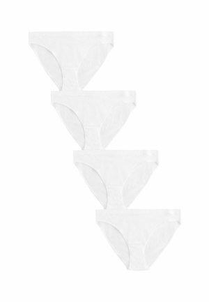 Vier paren witte katoenen hipster onderbroeken met een gladde textuur, elastische taillebanden en een eenvoudig ontwerp. Elke heeft een lage pasvorm.