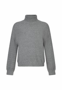 Pull à col roulé tricoté gris avec manches longues et poignets et ourlet côtelés, conçu pour le confort par temps froid.