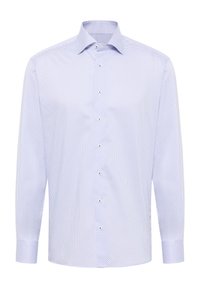 Hellblaues Langarmhemd aus gewebtem Stoff mit einem Punktmuster. Verfügt über einen spitzen Kragen und eine Frontknopfverschluss.