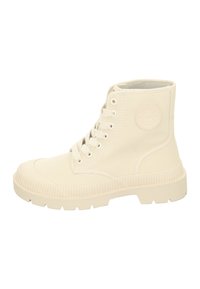 High-top sneakers in off-white canvas, featuring a ribbed rubber sole, front lace-up design, and circular logo accent on the side.
