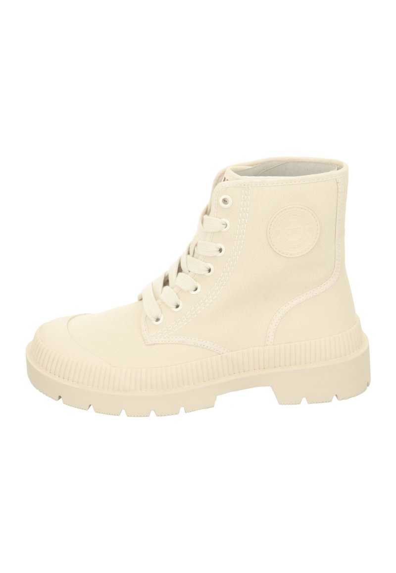 High-top sneakers in off-white canvas, featuring a ribbed rubber sole, front lace-up design, and circular logo accent on the side.