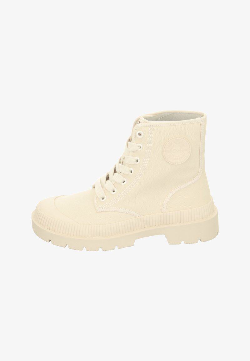 High-top sneakers in off-white canvas, featuring a ribbed rubber sole, front lace-up design, and circular logo accent on the side.