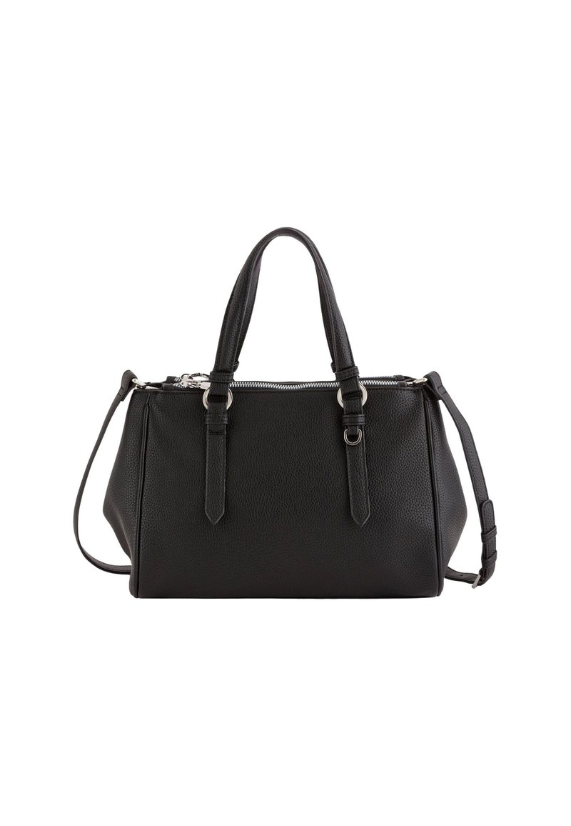 Sort læder håndtaske med en tekstureret overflade, dobbelte håndtag, en aftagelig skulderrem og en lynlåslukning på toppen.