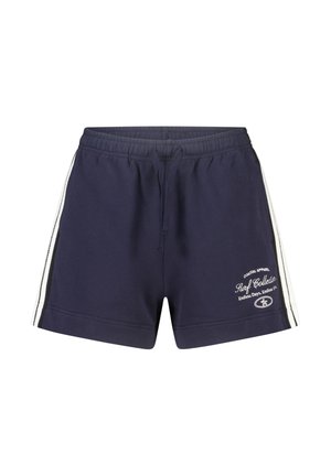 Navyblauwe casual short met witte zijstrepen, elastische tailleband, aantrekkoord en witte tekst 'surf collection' op het rechterbeen.