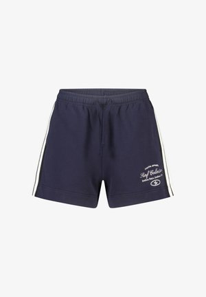Navyblauwe casual short met witte zijstrepen, elastische tailleband, aantrekkoord en witte tekst 'surf collection' op het rechterbeen.