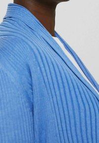 Närbild av en person som bär en blå ribbad cardigan över en vit skjorta mot en enfärgad ljusgrå bakgrund.