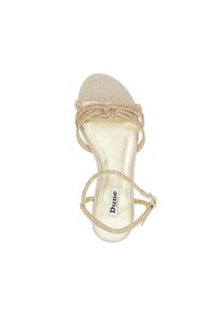 Gold strappy sandal with textured upper, woven detailing at the front, and a slim ankle strap. Smooth, metallic insole with brand logo.