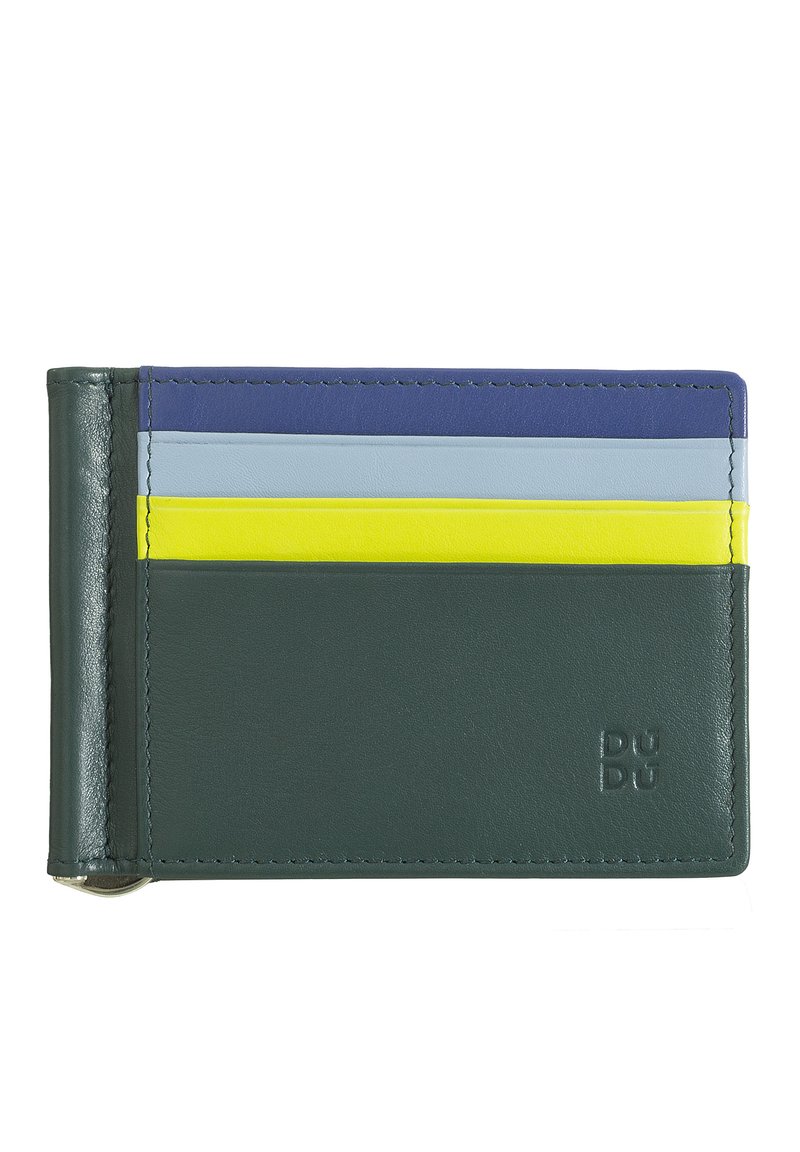 Portafoglio in pelle verde con più slot per carte. Presenta strisce orizzontali in blu navy, azzurro e giallo sulla parte superiore.