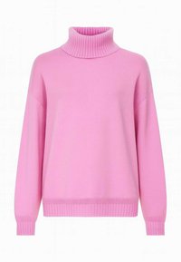 Maglione a collo alto rosa realizzato in tessuto morbido. Presenta polsini e colletto a costine, con una vestibilità rilassata e senza motivi o elementi metallici visibili.