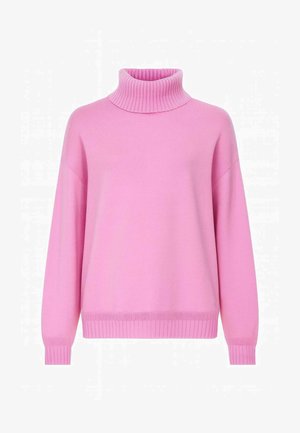 Maglione a collo alto rosa realizzato in tessuto morbido. Presenta polsini e colletto a costine, con una vestibilità rilassata e senza motivi o elementi metallici visibili.