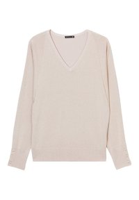 Licht beige pullover trui met een V-hals, lange mouwen, subtiele glansstructuur en drie knoopaccenten op elke manchet.