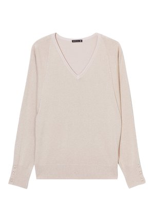 Pullover beige chiaro con scollo a V, maniche lunghe, texture leggermente lucida e tre bottoni decorativi su ciascun polsino.