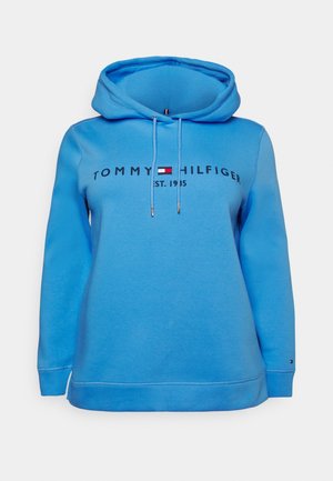 Hooded sweatshirt in bright blue fabric. Features front logo print, drawstring closure, and ribbed cuffs. Smooth texture and casual design.
