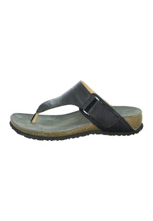 Schwarze Lederflip-Flops mit verstellbarem Riemen, strukturiertem Fußbett und brauner korkähnlicher Laufsohle. Verfügt über einen metallischen Akzent am Zehensteg.