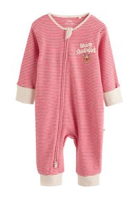 Grenouillère pour bébé à manches longues, rayée rouge et blanche, fermeture à pressions à l'avant, accents beige, et broderie "team Rudolph" avec un graphique de renne.