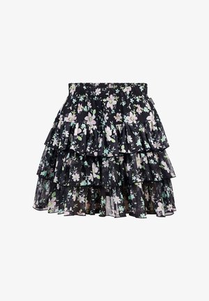 Zwarte gelaagde rok met bloemenpatronen in pastelkleuren. Gemaakt van lichtgewicht materiaal, met ruffles en een elastische tailleband.