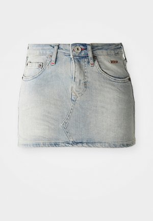 Light blue faded denim mini skirt with front button, belt loops, and five pockets, displayed on a white background.