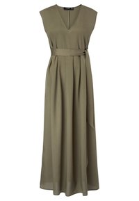 Olivgrön, ärmlös maxiklänning med V-ringning, bälte i midjan och plisserad kjol, gjord av lätt och mjukt tyg.