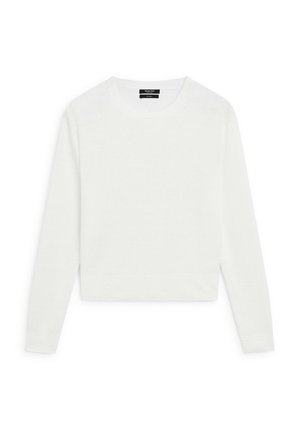 Witte lange mouwtrui, cropped ontwerp, zachte textuur, ronde hals, ribgebreide manchetten en zoom, minimalistische stijl zonder zichtbare patronen of hardware.