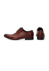 Pánské hnědé kožené šněrovací boty s elegantním designem, zaoblenou špičkou, hladkým povrchem, minimálním prošitím a černou gumovou podrážkou.