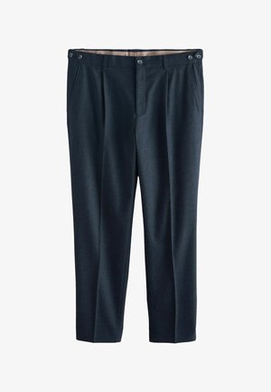 Dark gray trousers made of smooth fabric, featuring two front pleats, side pockets, and two buttons on the waistband.