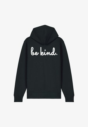 Felpa nera con cappuccio realizzata in tessuto morbido, caratterizzata da una grande scritta bianca sul retro che recita "sii gentile". Cappuccio attaccato e polsini a coste.