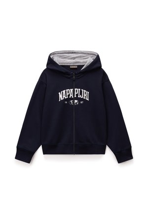 Marineblaue Zip-Hoodie mit grauem Innenfutter und Logo auf der Vorderseite. Hat lange Ärmel, gerippte Bündchen und Saum sowie eine Kapuze mit Kordelzug.