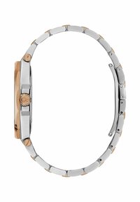 Sølv- og rosaguldmetalsur med rektangulært urkasse, linkarmbånd og rund krone med logo på siden. Teksturerede båndelementer.