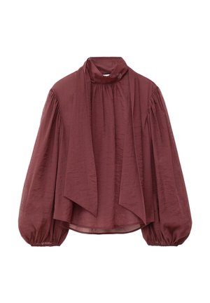 Burgundy blouse with a high neck, draped front, and voluminous puff sleeves; made from lightweight, textured fabric.