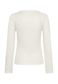 Hvid blondelangærmet top med et struktureret blomster mønster og firkantet udskæring. Bagsiden er glat med en tætsiddende silhuet.