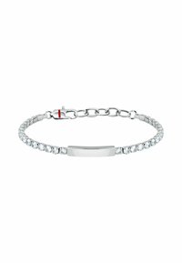 Bracciale in argento con una piastra centrale liscia e piatta. Decorato con pietre trasparenti circolari, presenta una catena collegata con chiusura a moschettone.
