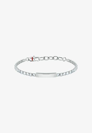 Bracciale in argento con una piastra centrale liscia e piatta. Decorato con pietre trasparenti circolari, presenta una catena collegata con chiusura a moschettone.