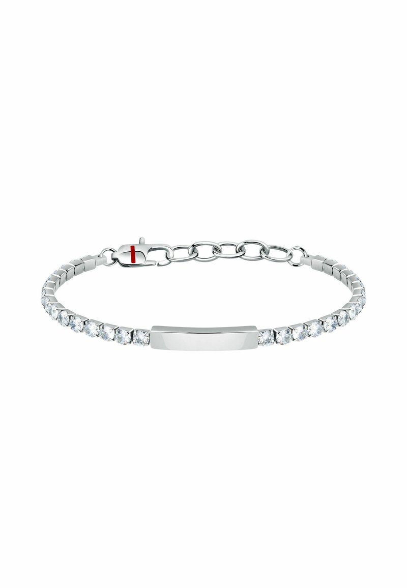 Bracciale in argento con una piastra centrale liscia e piatta. Decorato con pietre trasparenti circolari, presenta una catena collegata con chiusura a moschettone.