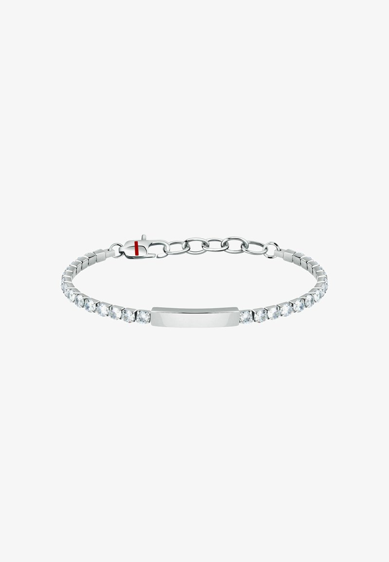 Bracciale in argento con una piastra centrale liscia e piatta. Decorato con pietre trasparenti circolari, presenta una catena collegata con chiusura a moschettone.