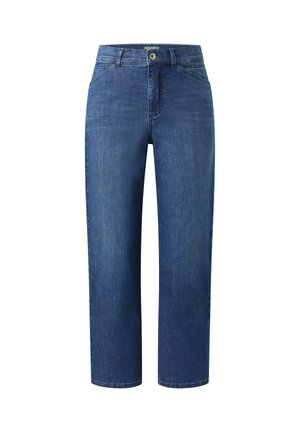 Blue straight-leg jeans with mid-rise waist, front button, belt loops, and front slash pockets, displayed against a white background.