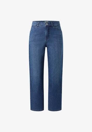 Blue straight-leg jeans with mid-rise waist, front button, belt loops, and front slash pockets, displayed against a white background.