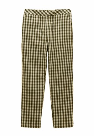 Straight-leg pants with a black and white checkered pattern, featuring a waistband and no visible pockets or buttons.