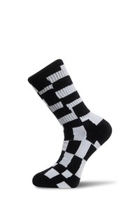 Chaussette noire et blanche avec un motif géométrique audacieux affichée sur un fond blanc, vue latérale montrant une forme de pied plié.