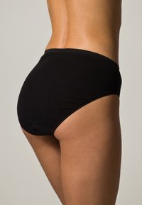 Black cotton bikini briefs with a high waist design, featuring subtle stitching details and a smooth texture. Back view shows full coverage.