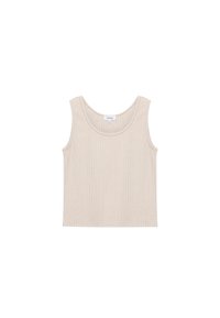 Beżowy prążkowany crop top bez rękawów z okrągłym dekoltem i widocznymi szwami, rozmiar średni, leży płasko na białym tle.