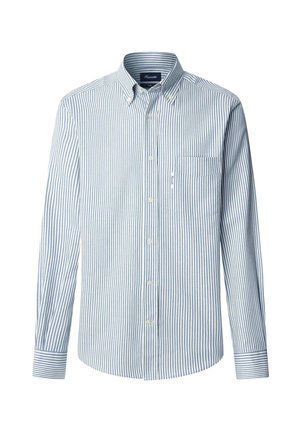 Overhemd met knopen in lichtblauw met witte verticale strepen. Bevat een kraag, lange mouwen en een borstzakje. Zachte stofstructuur.